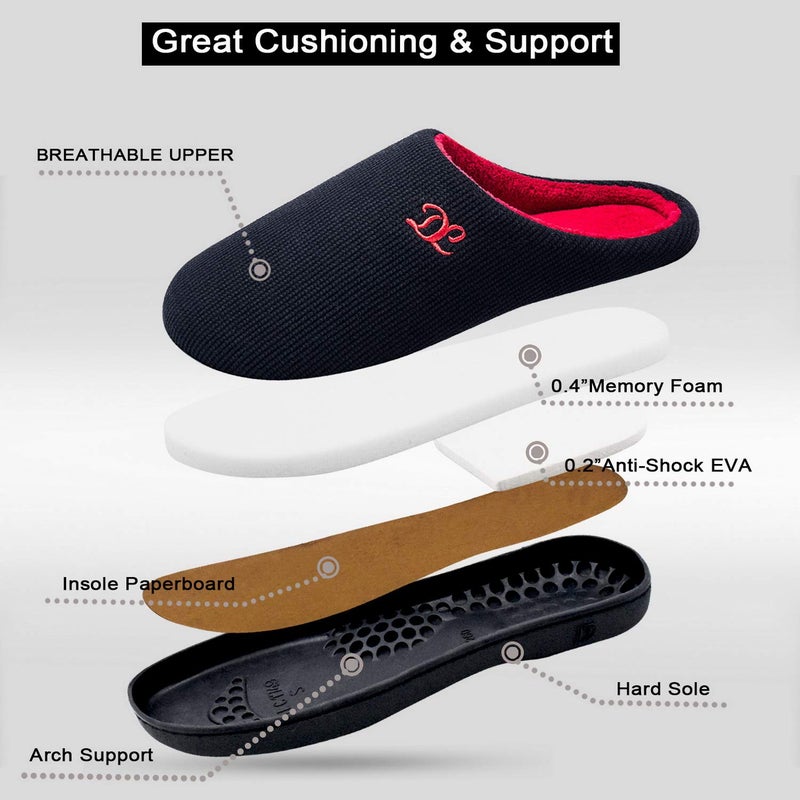DL Men's Memory Foam Slip-On Slippers for Indoor Outdoor Use - Non-Slip Hard Rubber Sole, Warm Soft Flannel Lining, Black and Red, Size 9-10 - Image 3